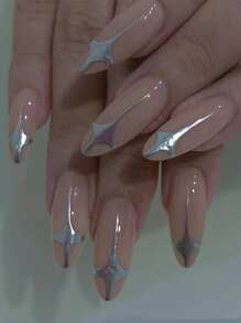 Get Glamorous with 24pcs Long Almond Silver Star Pattern Fake Nail & 1sheet Nail Tape & 1pc Nail File - Multicolor - View 1