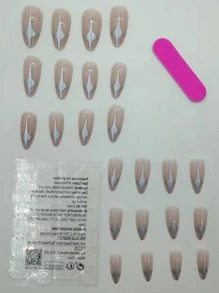 Get Glamorous with 24pcs Long Almond Silver Star Pattern Fake Nail & 1sheet Nail Tape & 1pc Nail File - Multicolor - View 2