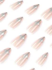 Get Glamorous with 24pcs Long Almond Silver Star Pattern Fake Nail & 1sheet Nail Tape & 1pc Nail File - Multicolor - View 3