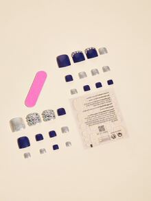 Nail Nina 24pcs Short Square 3D Rhinestone Decor Fake Toenail & 1pc Toenail File & 1sheet Tape - Blue - View 2