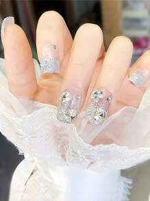 Nail Nina Mejora tu aspecto con 24 piezas de uñas postizas con diamantes de imitación 3D cuadrados largos y 1 lima de uñas y 1 hoja de cinta para uñas. - transparente - Ver 1