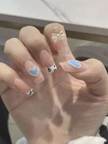 Nail Nina 24pcs Long Square Heart Pattern Fake Nail & 1pc Nail File & 1sheet Nail Tape - Multicolor - View 1