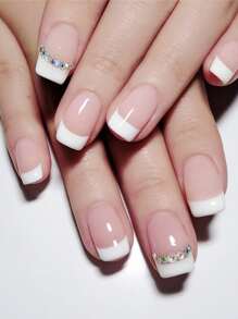 Nail Nina Mejore su aspecto con 24 piezas de diamantes de imitación franceses cuadrados cortos en 3D, decoración de uñas falsas, 1 lima de uñas y 1 hoja de cinta para uñas - Multicolor - Ver 1