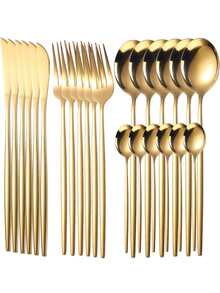 1set / 24pcs Stainless Steel Nordic Style Silverware Flatware Set For Home, Knife, Fork, Spoon - Gold - View 1