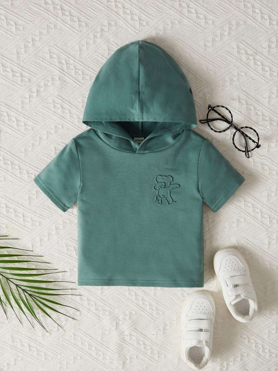 SHEIN 男嬰小熊印花連帽T恤 - 綠色 - 查看 1