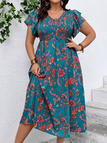 SHEIN VCAY Plus Floral Print Butterfly Sleeve Dress - Multicolor - View 1