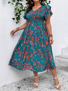 SHEIN VCAY Plus Floral Print Butterfly Sleeve Dress - Multicolor - View 3