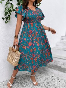 SHEIN VCAY Plus Floral Print Butterfly Sleeve Dress - Multicolor - View 4