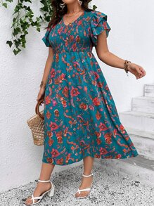 SHEIN VCAY Plus Floral Print Butterfly Sleeve Dress - Multicolor - View 5