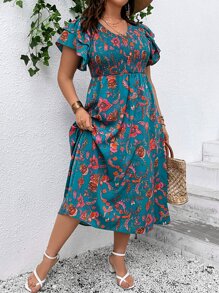 SHEIN VCAY Plus Floral Print Butterfly Sleeve Dress - Multicolor - View 6