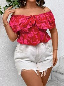 SHEIN VCAY Áo sơ mi Plus Size Xù Viên lá sen phân lớp Thắt nơ trước Hoa Tất cả trên in Boho - Nhiều màu - Xem 1