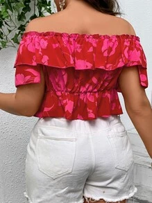 SHEIN VCAY Áo sơ mi Plus Size Xù Viên lá sen phân lớp Thắt nơ trước Hoa Tất cả trên in Boho - Nhiều màu - Xem 2