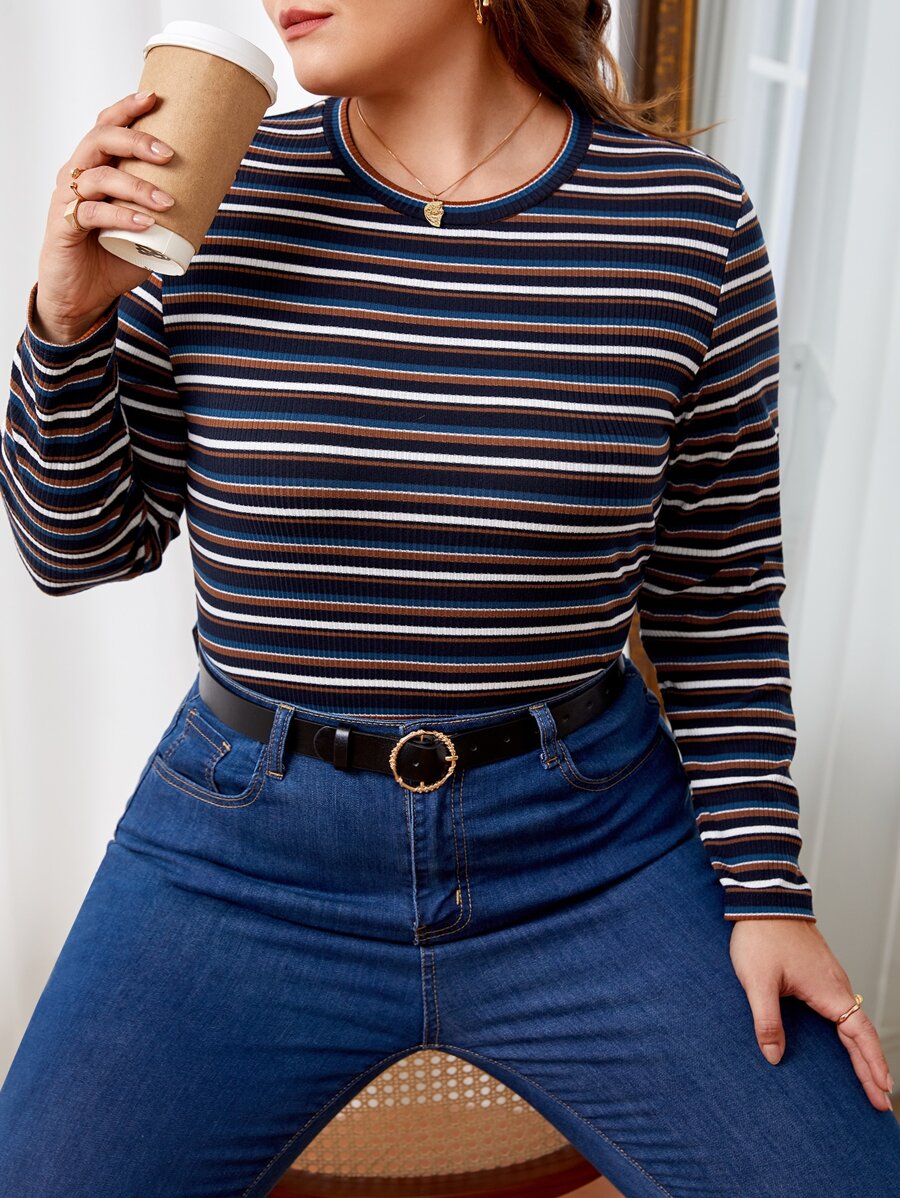 SHEIN Essnce 大碼條紋印花T恤 - 彩色 - 查看 1