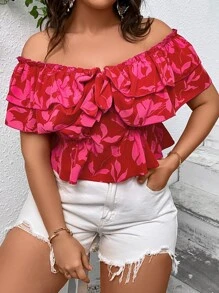 SHEIN VCAY Áo sơ mi Plus Size Xù Viên lá sen phân lớp Thắt nơ trước Hoa Tất cả trên in Boho - Nhiều màu - Xem 3