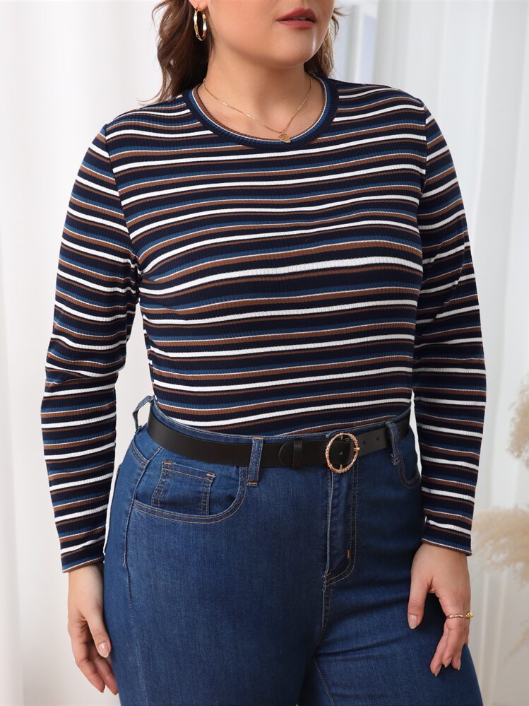 SHEIN Essnce Plus Striped Print Tee - Multicolor - View 5