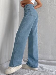 EURMUSE Solid Zipper Fly Straight Leg Jeans - Light Wash - View 4