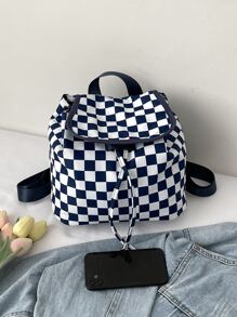 方格圖案抽繩設計翻蓋背包 - 藍白色 - 查看 4