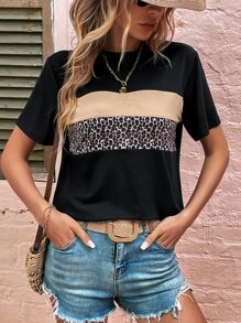 SHEIN LUNE 豹纹印花拼色 T 恤 图案猎豹印花 T 恤 女式上衣 - 黑色 - 查看 4