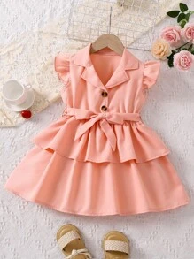 SHEIN 小女童荷葉邊繫腰帶連衣裙 - 粉色 - 查看 1