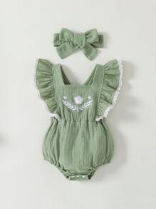 SHEIN 嬰兒花卉刺繡荷葉邊連體衣和配件髮箍
