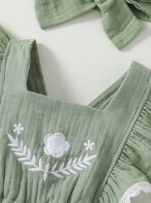 SHEIN 嬰兒花卉刺繡荷葉邊連體衣和配件髮箍