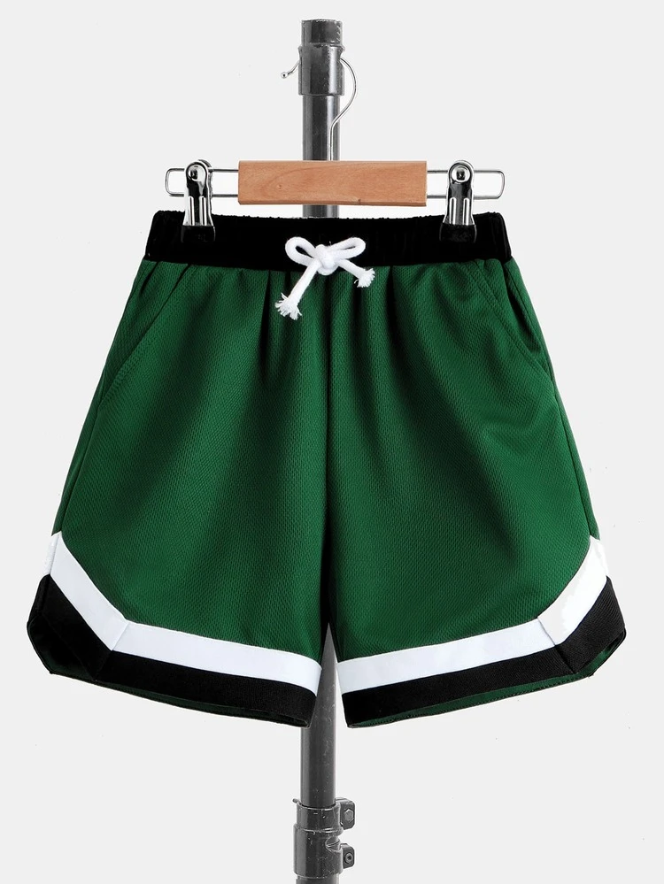 SHEIN שרוך קשירה כיס קולורבלוק מכתב קז'ואל חליפת שני חלקים לפעוט - ירוק כהה - ראה 3