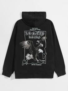 Manfinity Men Eagle & Slogan Graphic Drawstring Hoodie - Black - View 1