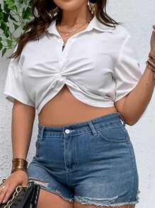 SHEIN Essnce Áo sơ mi Plus Size Nút phía trước xoắn lại màu trơn Giải trí - trắng - Xem 6