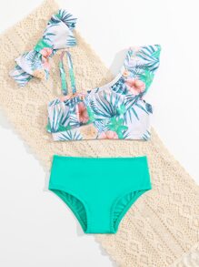 Baby Girl Tropical Print Ruffle Trim Beachwear With Headband Summer Beach - Multicolor - View 5