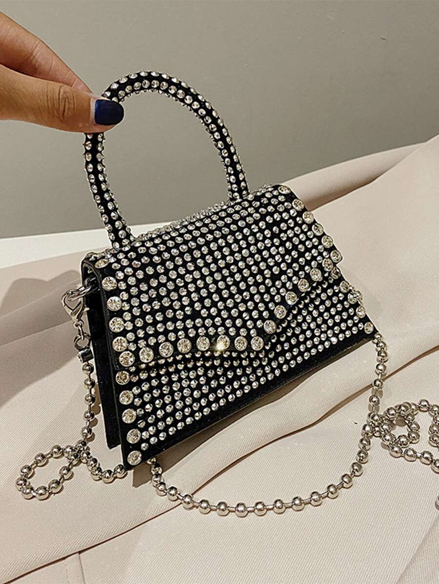 Mini Rhinestone & Studded Decor Flap Chain Square Bag - Silver - View 1