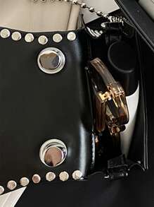 Mini Rhinestone & Studded Decor Flap Chain Square Bag - Silver - View 4