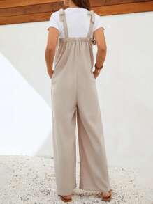 SHEIN LUNE Áo liền quần nữ Thắt nút Túi màu trơn Giải trí - Màu Khaki - Xem 2