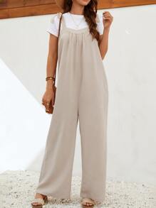 SHEIN LUNE Áo liền quần nữ Thắt nút Túi màu trơn Giải trí - Màu Khaki - Xem 3