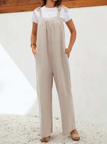 SHEIN LUNE Áo liền quần nữ Thắt nút Túi màu trơn Giải trí - Màu Khaki - Xem 4