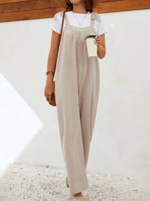 SHEIN LUNE Áo liền quần nữ Thắt nút Túi màu trơn Giải trí - Màu Khaki - Xem 5