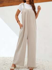 SHEIN LUNE Áo liền quần nữ Thắt nút Túi màu trơn Giải trí - Màu Khaki - Xem 6