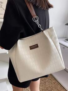 Bolso tote de hombro con diseño de parche de letra - Beis - Ver 1