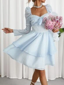 GENKIRA Đầm Thắt nút phân lớp Dây kéo màu trơn Thanh lịch - Màu xanh nhạt - Xem 5