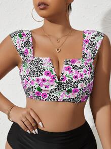 Plus Leopard & Floral Print Notched Neckline Bikini Top - Multicolor - View 4