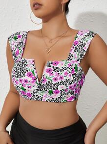 Plus Leopard & Floral Print Notched Neckline Bikini Top - Multicolor - View 6