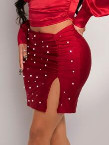 SHEIN SXY Falda ajustada con cuenta de perla fruncido bajo con abertura - Burdeos - Ver 5
