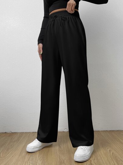 SHEIN EZwear Elastic Waist Tie Front Straight Leg Trousers