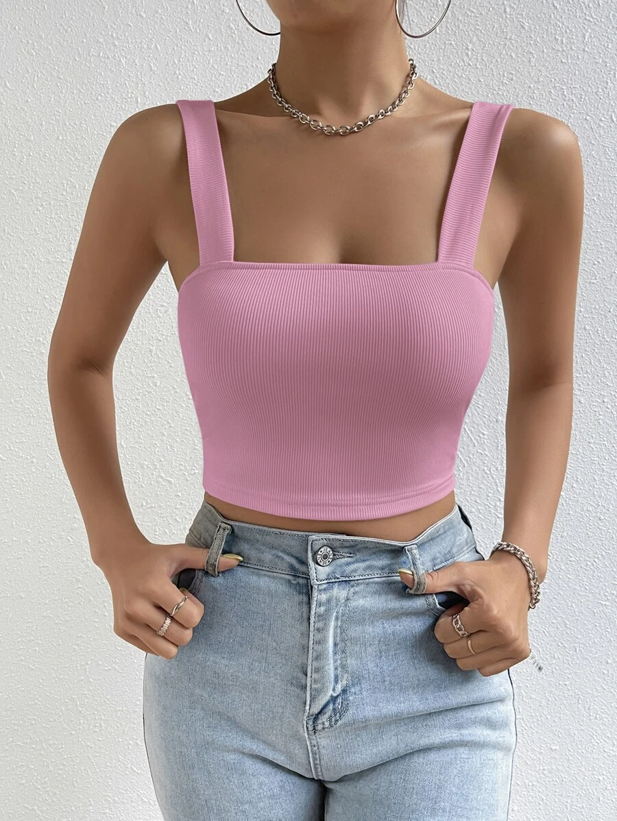 SHEIN Essnce Solid Crop Tank Top - Pink - View 1
