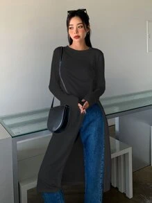 DAZY Camiseta larga asimétrica de corte sólido para otoño e invierno - Negro - Ver 3