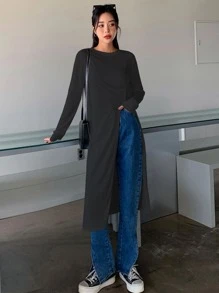 DAZY Camiseta larga asimétrica de corte sólido para otoño e invierno - Negro - Ver 5