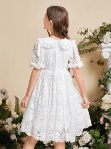 SHEIN Leap Crew Girls Puff Sleeve Lace Overlay Dress - White - View 2