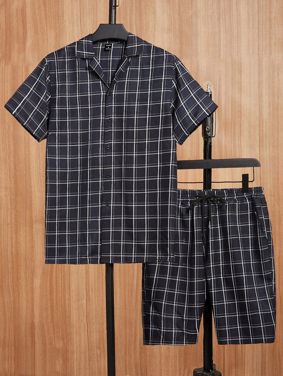 GENTILAND Men's Plaid Print Loose Shirt & Drawstring Waist Shorts Set - Black - View 1