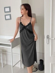 DAZY Contrast Lace Cami Nightdress - Dark Grey - View 8