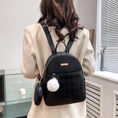 Geometric Embossed Pom Pom Decor Classic Backpack With Purse