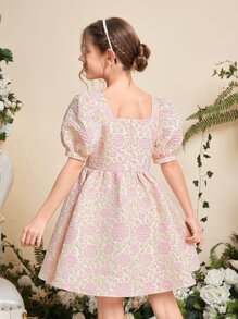 SHEIN 女孩花卉圖案提花方領泡泡袖洋裝 - 淺粉色 - 查看 2